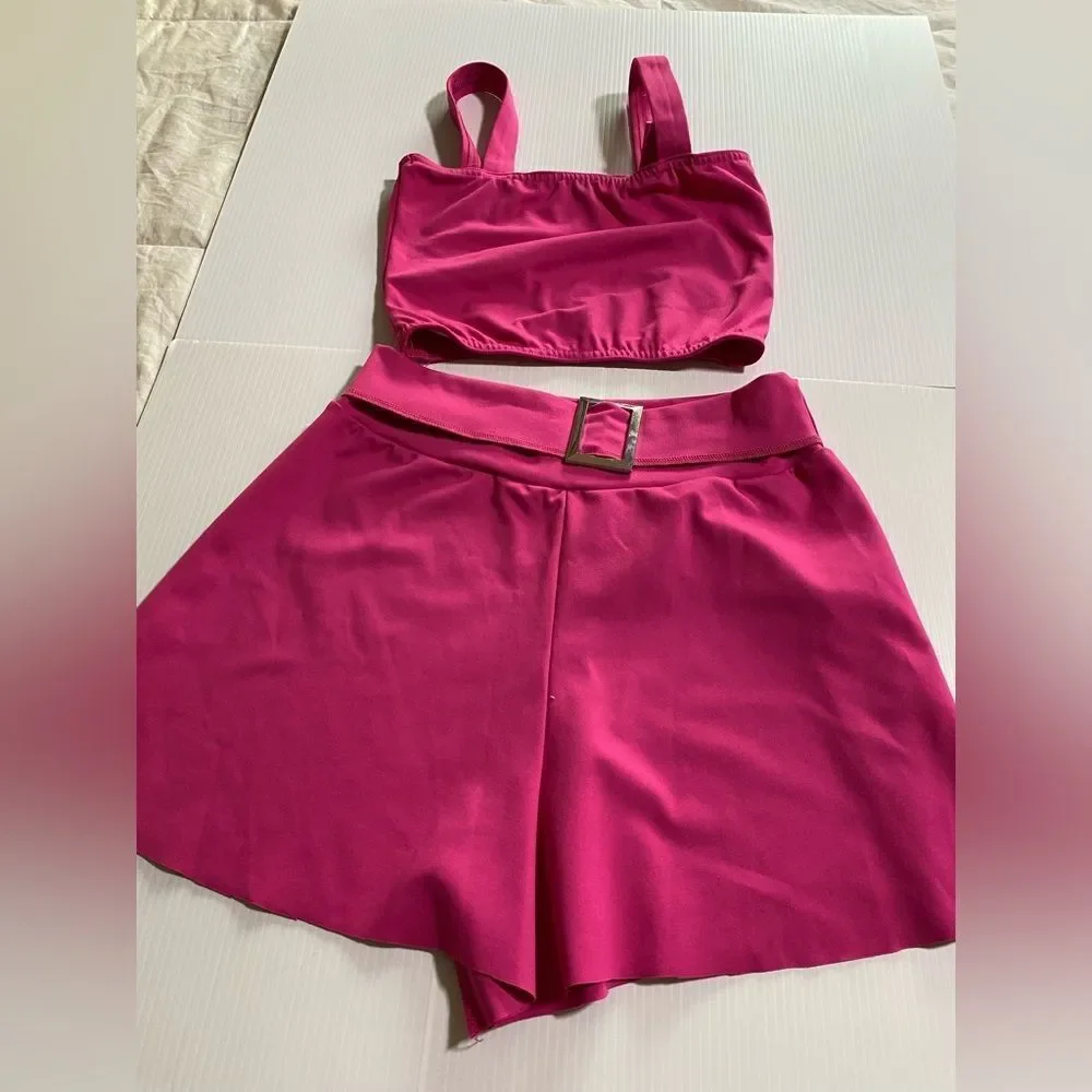 Kelle dance costume 2 piece hot pink top buckle shorts SA-Small adult